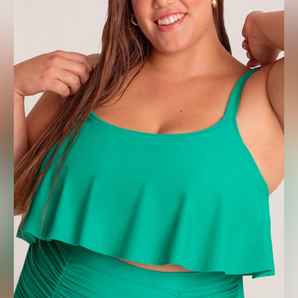 SHAPERMINT Essentials Ruffled Bikini Top 2XL Dark Mint Green Swimwear Beach UPF